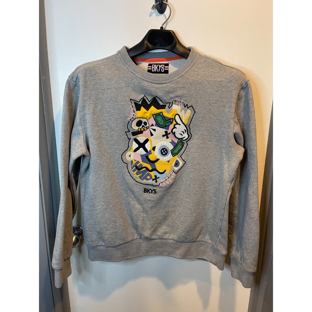 BKYS Mens Heather Gray Graphic Patch Crewneck Sweatshirt Large 100% Cotton